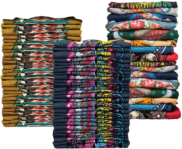 Stack of DTG printed shirts
